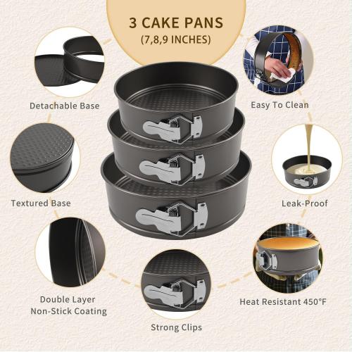 3PCs Cake Pan Sets for Baking, 7/8/9 Inch Round Cake Pans, Nonstick Springform Cake Pans, Cheesecake Baking Pans with 100 Pcs Piping Bags,