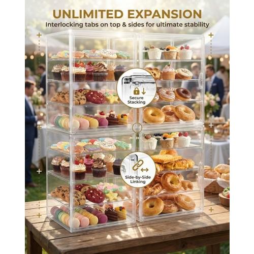 Cookie Display Stand for Bakers, Vendors, Market Booth, Craft Fair, Events | Acrylic Pastry Case with Door for Cupcake, Muffin, Donuts | 4 Tiered Cookie Display Rack with Full Angle Visibility