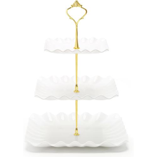 Coitak 3 Tier Cupcake Stand, Plastic Tiered Serving Stand, Square Dessert Tray for Tea Party, Baby Shower and Wedding (Pure White)