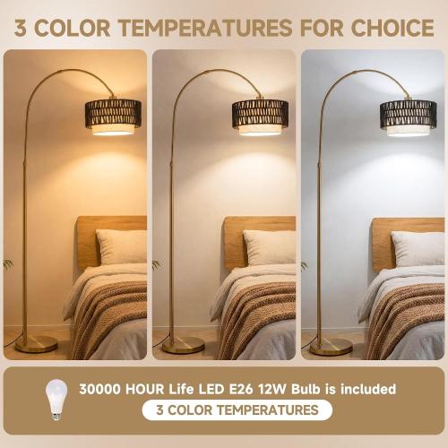 Arc Floor Lamp for Living Room with 12W Bulb,61.5-71.5 Height Adjustable Rattan Floor Lamps with 3 Color Temps, Farmhouse Arched Standing Lamp,Boho Floor Lamp, Arched Floor Lamps for Bedroom, Office