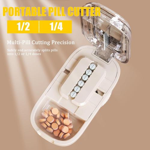 Pill Cutter for Cutting Multiple, 1/2 1/4 Pill Splitter for Large, Small and Tiny Pills, Portable Pills Cutter,Storage Organizer, Accurate Centering Alignment Device (White)