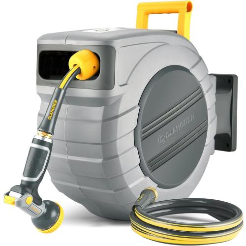 GLAHODEN Retractable Garden Hose Reel 5/8 in x 100 ft Upgraded UV Resistant Heavy Duty Automatic Hose Reel Wall Mount 3/4 in Brass Fitting 9 Pattern Nozzle Any Length Lock Slow Retraction 180° Swivel‼️used missing hardware‼️