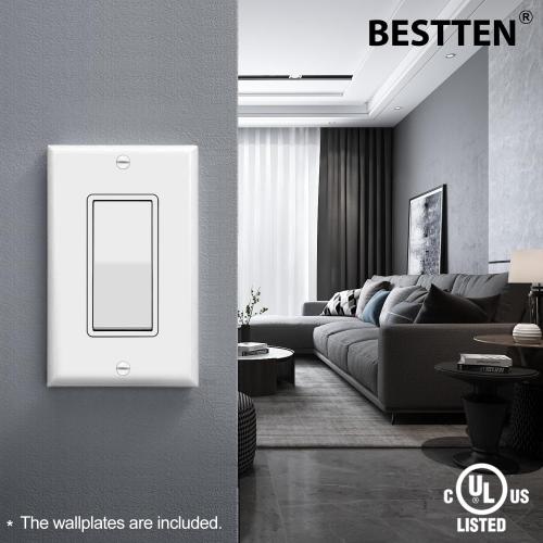 BESTTEN 10 Pack Single Pole Decorator Light Switch with Wallplate, 15A 120/277V, Rocker Paddle Wall Switch, On/Off Interrupter for LED and Other Lamps