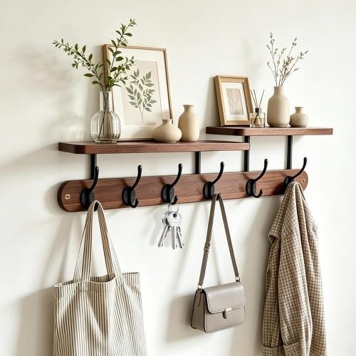 Coat Rack Wall Mount with 2-Tier Shelf, 23 Solid Wood Wall Mounted Coat Rack with 6 Dual Metal Hooks,Entryway Hanging Storage Shelf for Jacket,Bag,Key,Mudroom,Bedroom,Living Room（Dark）