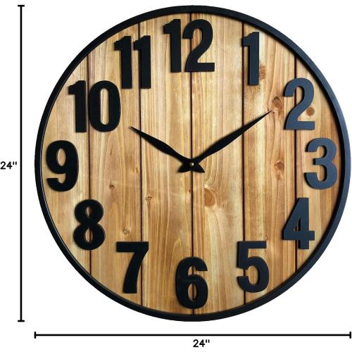 Montoire 24 Inch Wooden Farmhouse Wall Clock Large, Extra Large for Living Room Decor - Big Oversized Rustic Round Decorative Clocks for Walls, Battery Operated