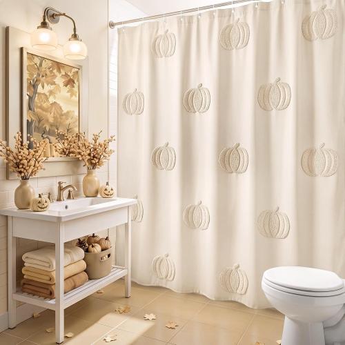 Beige Fall Pumpkin Shower Curtain for Bathroom 3D Tufted Embroidery Design