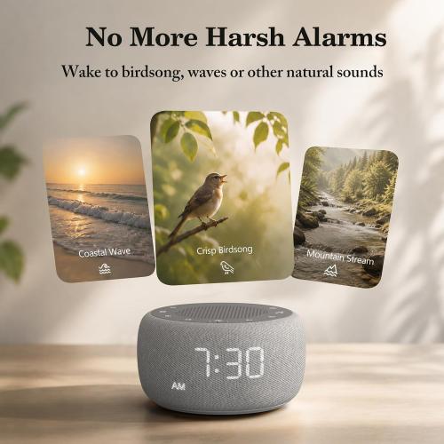 Buffbee Alarm Clock with Sound Machine for Bedrooms – 2-in-1 White Noise Machine for Sleep, Gentle Wake-Up with Soft Alarm Sounds, Ambient Night Light, Plug-in, Sleep Better, Wake Gently