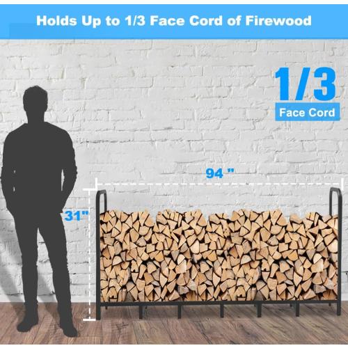 8ft Firewood Rack Holder, Adjustable Heavy Duty Fire Log Stacker Stand for Fireplace, Outdoor Indoor Metal Wood Pile Storage Organizer, Patio Logs Stand tool, Black