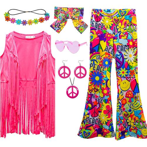 8 Pcs Girls Kids 60s 70s Hippie Costume Disco Outfits Fringe Vest Boho Bell Bottoms Hippie Outfits Accessories Set xl