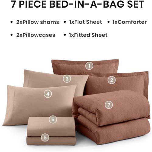 Monbix Full Comforter Set 7 Pieces Terracotta Cationic Dyeing Bed in a Bag