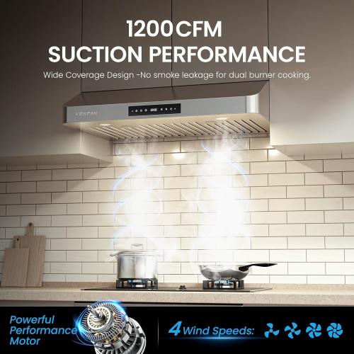 Under Cabinet Range Hood 30 Inch, 1200 CFM Kitchen Vent Hood, 4 Fan Speeds, Gesture & Touch Control with Memory Mode, Auto Shutoff Timer, Removable Grease Filters