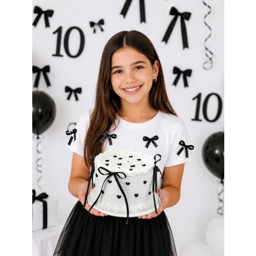 USED ‼️ 6 Inch Black Bow Fake Cake, White Round Artificial Cake Decor Black Bow-round