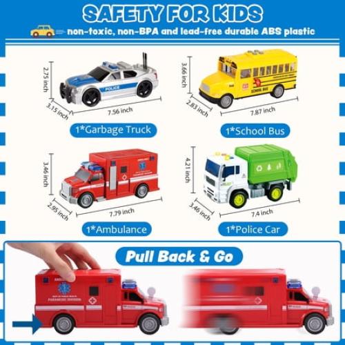 JOYIN 4 Pcs 7 Long Vehicle Toy Set, Toddlers Cars with Lights and Siren Sound,Birthday Party Gifts Toys for Boys 3-5