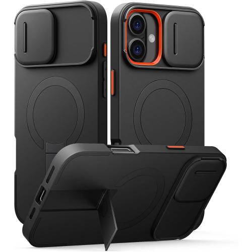 SURITCH for iPhone 16 Plus Case with Magnetic Camera Slide Cover and Adjustable Kickstand, Compatible with MagSafe, Shockproof Bumper Case Slim Protective Cover for iPhone 16 Plus 6.7 Inch, Black