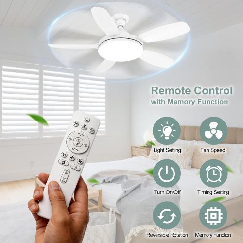 32 Socket Fan Light, 3000 Lumens Small Ceiling Fans with Lights and Remote, E26/E27 Light Bulb Fan with Reversible Motor, Dimmable 3000K-6500K Light Socket Fan for Bedroom Kitchen Garage