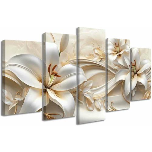 LZIMU 5Pcs Large White Gold Flower Wall Art Abstract Lily Floral Picture Elegant Blooming Canvas Print Modern Beige Painting Living Room Bedroom Decor (Gold, (8x14inx2 8x18inx2 8x22inx1))
