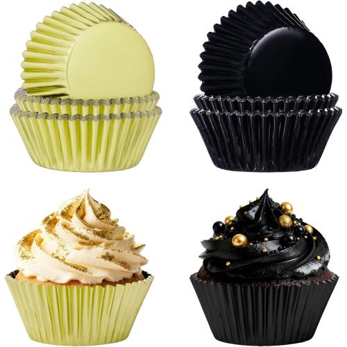 Black and Gold Foil Cupcake Liners Graduation Muffin Cupcake Wrapper Standard Paper Baking Cups for New Year Retirement Prom Wedding Construction Birthday Party Cake Decorations