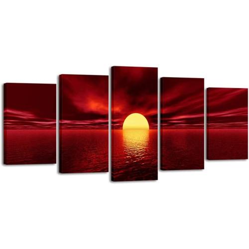 Wieco Art Red Sun Canvas Prints Wall Art Ocean Sea Beach Pictures Paintings Ready to Hang for Living Room Bedroom Home Decorations Modern 5 Piece Stretched and Framed Grace Landscape Giclee Artwork