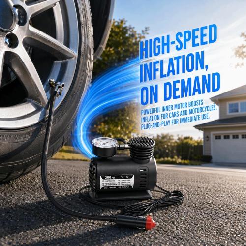 Portable Air Compressor Tire Inflator With Sports needle Nozzle adapter, ABS Black Electric Air Pump with 2.75 m/9ft Cable for Car and Motorcycle