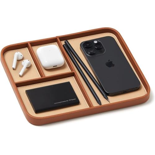 Nordik Leather Valet Tray - Sand Brown - 9.5 x 7.9 Inch Medium Vegan Leather Tray - Stylish Nightstand Organizer for Men - Modern Bedside Caddy - EDC Catchall for Key Watch Wallet Jewellery