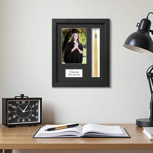 9x11 Graduation Picture Frame with Tassel Holder for 5x7 Photo, Shadow Box Frame with HD Real Glass and Black Linen Textured Mat, Graduation Party Gift and Keepsake Display Frame