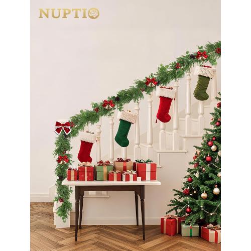 NUPTIO Artificial Christmas Garland with Lights: 2Pcs 6.2Ft Pre-Lit Gold Glitter Garland with Pine Cones Red Berry Eucalyptus - Xmas Decorations for Mantle Fireplace Railing Stairs Table Door