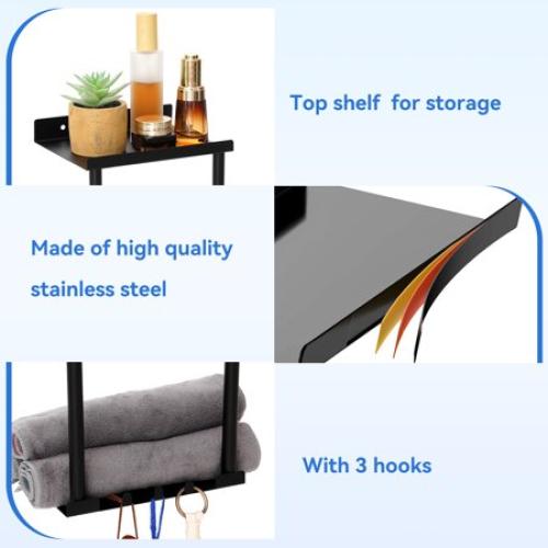 Towel Racks for Bathroom HONEIER 3 Tier Towel Holder with Shelf & 6 HooksWall Mounted Vertical Rolled Towel Storage Organizer Holder Towel Shelf Organizer for Toilet, Black