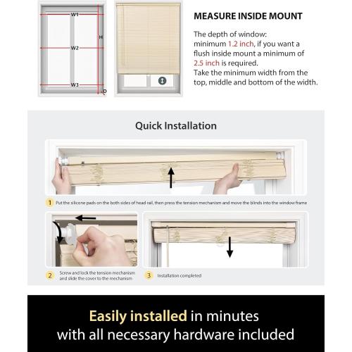 No Drill Blinds for Windows 1 Vinyl L-Shaped Slats Cordless Mini Blinds for Home, for Window Size 36 W × 48 H White
