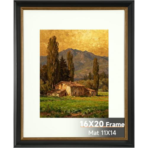 16x20 Black Picture Frame, Matted to 11x14 Print, Gold Trim