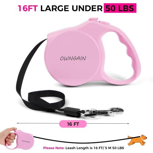 Pink Retractable Dog Leash,Strong Nylon Tape-One-Handed One Button Lock for Puppy, Cat, Pet Walking and Training,16ft Dog Walking Leash with 360°Tangle-Free Design,Anti-Slip Handle (Pink -Small)
