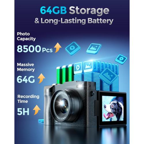 4K Digital Camera for Photography- 48MP Autofocus Vlogging Camera with 2.8 180° Flip Screen, 16X Digital Zoom- Compact Point and Shoot Camera with 64GB SD for YouTube, Travel, Beginners