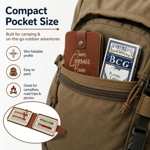 Portable Cribbage Board Set, Premium Leather Foldable Cribbage Game with Playing Card & Pegs, Pocket Size for Camping, Travel, Adventures & Unique Gift for Father's Day, Christmas & Cribbage Lovers