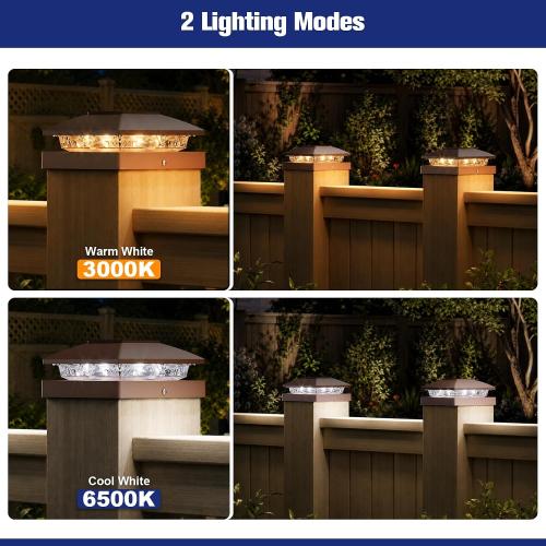 APONUO Solar Post Cap Lights for 4x4 Posts - IP64 Waterproof, Warm/Cool White, Wireless Fence Lights & Deck Lights for Patios, Gardens, and Yards, Brown,12 Pack