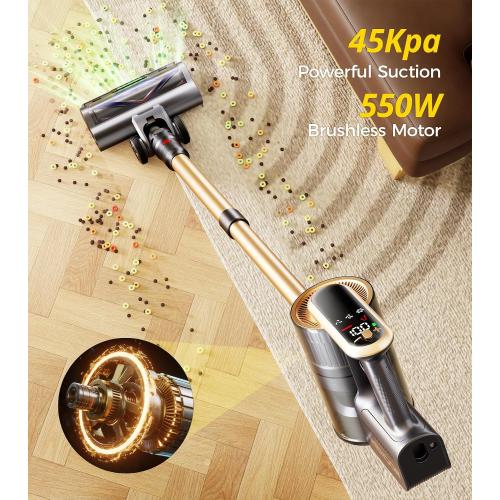 RENDOW Cordless Vacuum Cleaner, 65Mins 550W 45Kpa Stick Vacuum, Self-Standing Vacuum Cleaners for Home with LED Display, Anti-Tangle Rechargeable Vacuum Cordless for Pet Hair/Carpet/Hard Floor