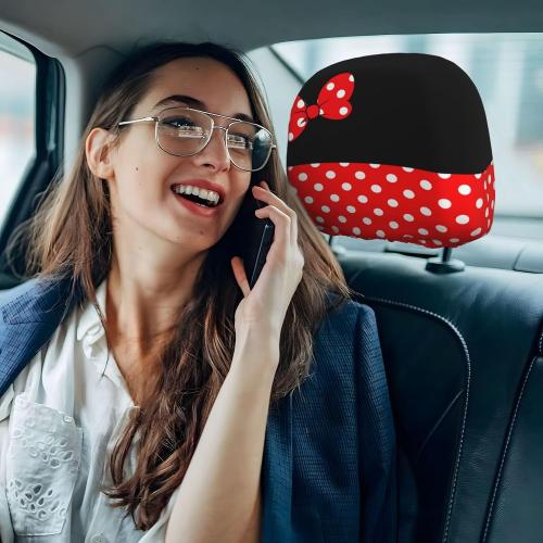 2 Pack Cute Red Bow and Black Dots Car Seat Headrest Cover for Women, Car Headrest Protector Seat Cover Elastic,Auto Interior Decor Front & Rear Seat Headrest Pads Decor,Universal Fit
