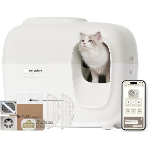 Color White PetSnowy Self-Cleaning Automatic Cat Litter Box with Odor Control TiO2 System, Robot Litter Box with Auto-Packing, App Control, Large Cats & Multiple Cats (2025 Premium Version)