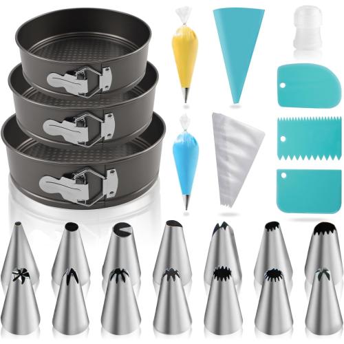 3PCs Cake Pan Sets for Baking, 7/8/9 Inch Round Cake Pans, Nonstick Springform Cake Pans, Cheesecake Baking Pans with 100 Pcs Piping Bags,