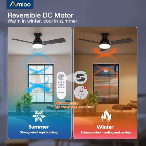 Amico Ceiling Fans with Lights, 42 inch Low Profile Ceiling fan with Light and Remote Control, Flush Mount, Reversible, 3CCT, Dimmable, Noiseless, Black Ceiling Fan for Bedroom, Indoor/Outdoor Use