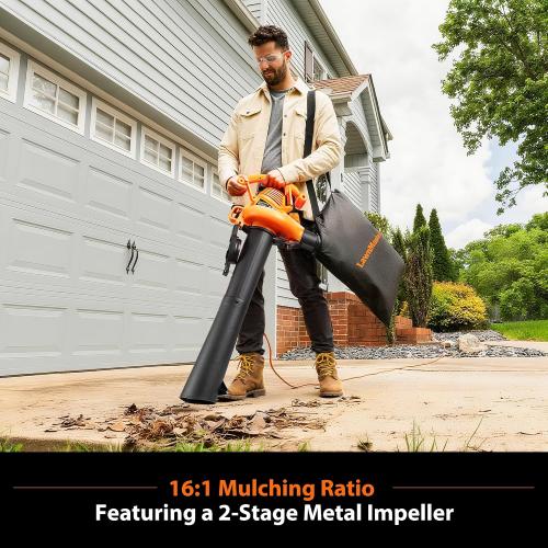 LawnMaster BV1210 Electric Blower Vacuum Mulcher 12 Amp 2-Speed Adjustment with Metal Impeller 240 MPH 380 CFM 16:1 Mulch Ratio with Collection Bag