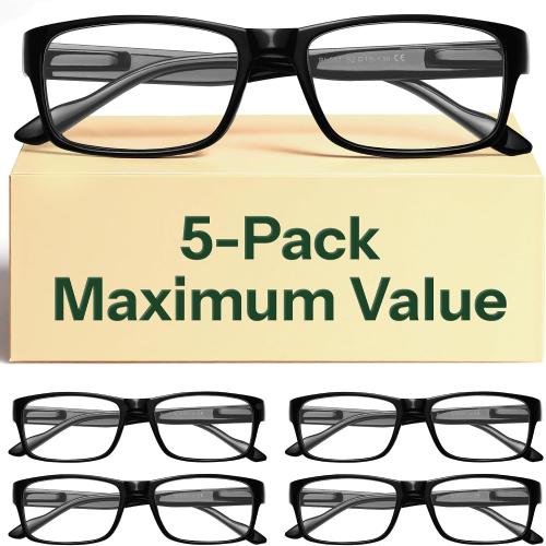 Gaoye 1.75 Professional Reading Glasses for All Day - Computer Readers with Blue Light Protection - Value 5 Pack *Black*
