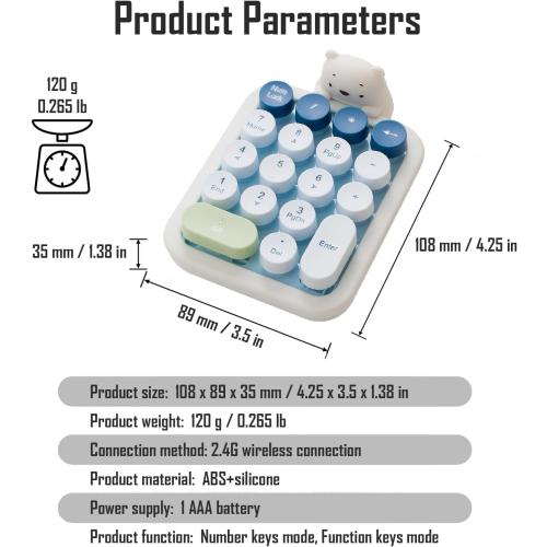 Lomiluskr Wireless Number Keypad with Cute Silicone Bear, 18 Colorful Round Keys Numpad, 2.4G USB Wireless Connection, Portable Financial Accounting Numeric Keyboard, Suitable for PC, Laptop (Blue)