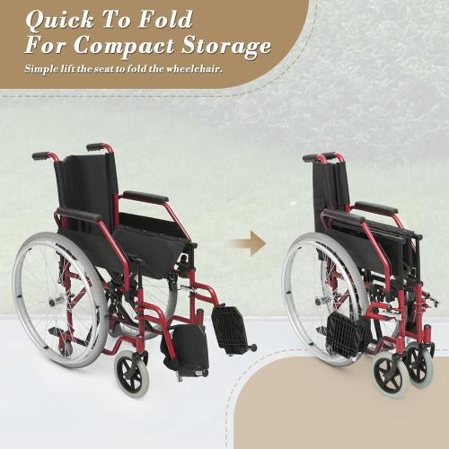 Athena Collection Wheelchair for Adult, Foldable Transport Wheelchair with 17 Width Seat 23.5 Rear Wheel, Wheel Chair with Flit-Back Armrest Swing-Away Footrest and Brake, Support 300 Lbs, Red