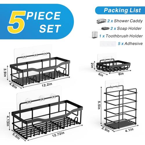 EUDELE Adhesive Shower Caddy, 5 Pack Rustproof Stainless Steel Bath Organizers With Large Capacity, No Drilling Shelves for Bathroom Storage & Home Decor