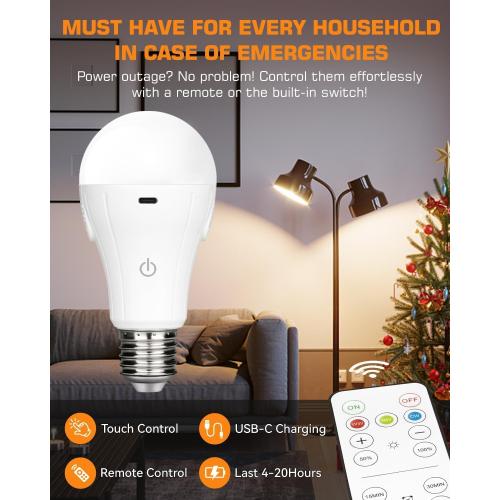 CordlessGlow Battery Operated Light Bulb with Remote，3 Colors   Dimmable   Touch Control Rechargeable Light Bulbs for no-Hardwired Fixture, up to 24 Hours,2Pack