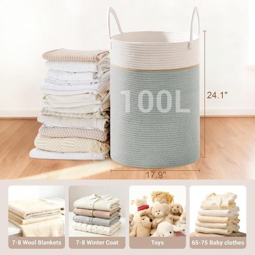100L Extra Large Tall Cotton Rope Laundry Basket with Handles, Sage Green