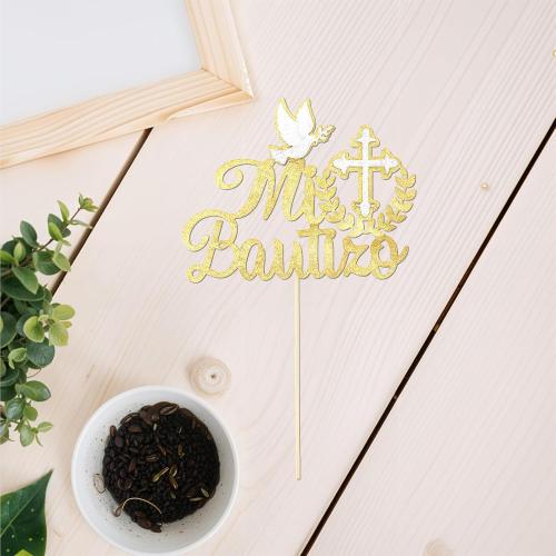 Spanish Mi Bautizo Cake Topper First Holy Communion Cakes Pick Glitter Bless Baptism Cake Decoration Golden Birthday Party Supplies Cross Dove Cakes Deco for Christening Shower Theme Gender Reveal