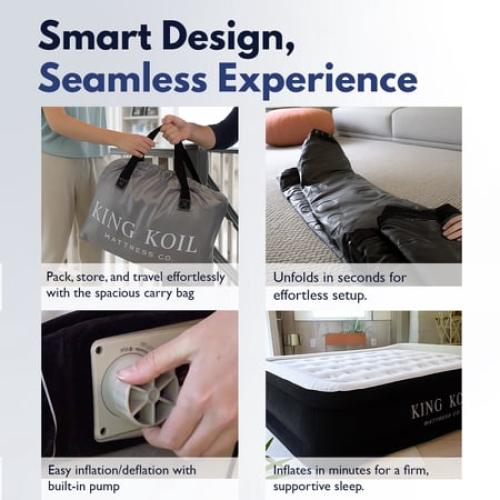 King Koil Luxury Air Mattress Queen with Built in Pump, Integrated Premium Pillow Inflatable Airbed for Guests, Camping & Home