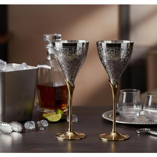 StonKraft eSplanade Engraved Brass Goblet Champagne Glasses Flutes Coupes Wine Glass Set (Thick) - Silver Polished