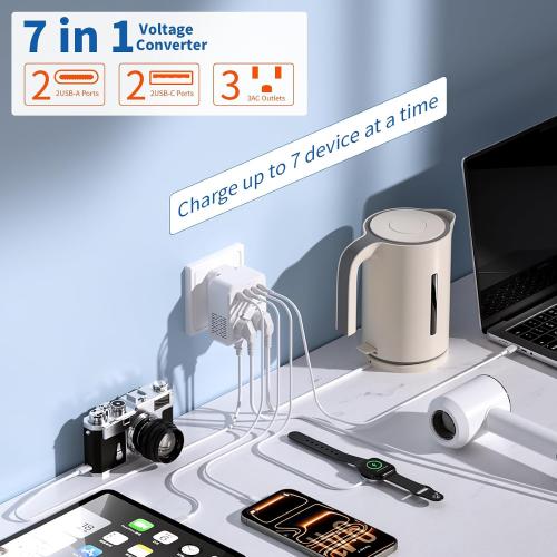 2000W Voltage Converter US to Europe for Hair Dryers, 7-in-1 220V to 110V Converter for European Travel with 3 AC/2 USBA/2 USBC Ports (PD20W), Universal Travel Adapter with Type G C Plugs