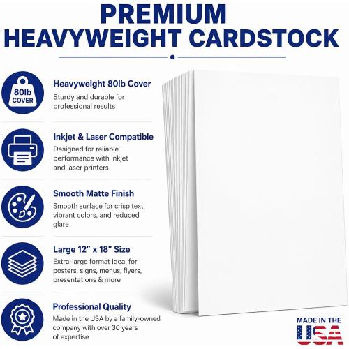 12 x 18 Cardstock Sheets For Inkjet or Laser Printers - Heavy 80lb Cover Matte Finish White - Great for Flyers, Menu's, Posters, Covers (100 Sheets)